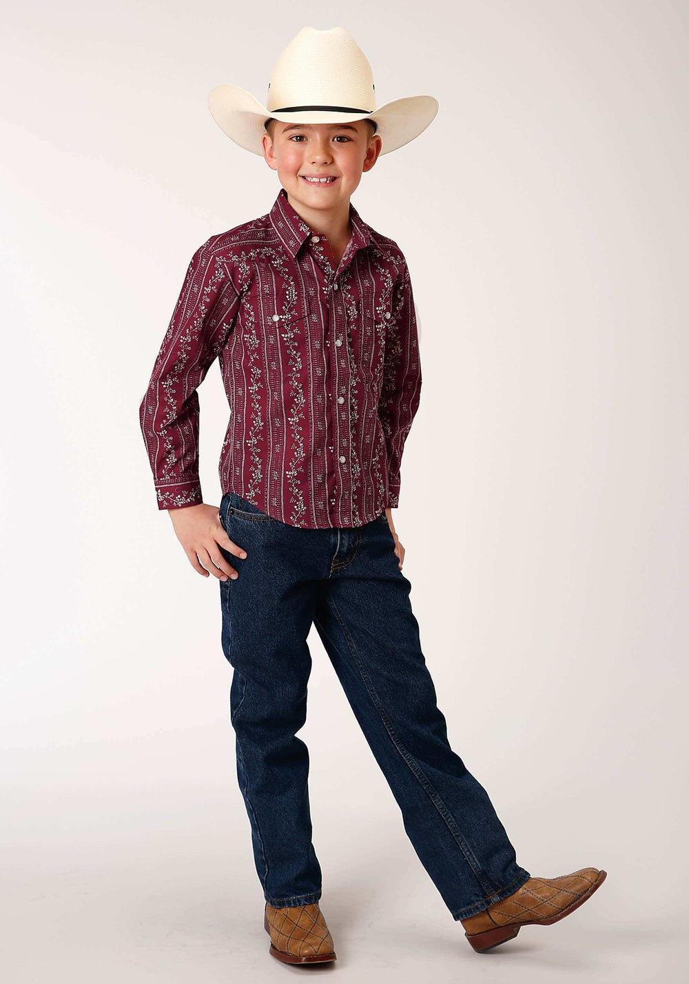Roper Boys Long Sleeve Snap Brick Red And Cr Wallpaper Stripe Western Shirt - Roper - Flyclothing LLC