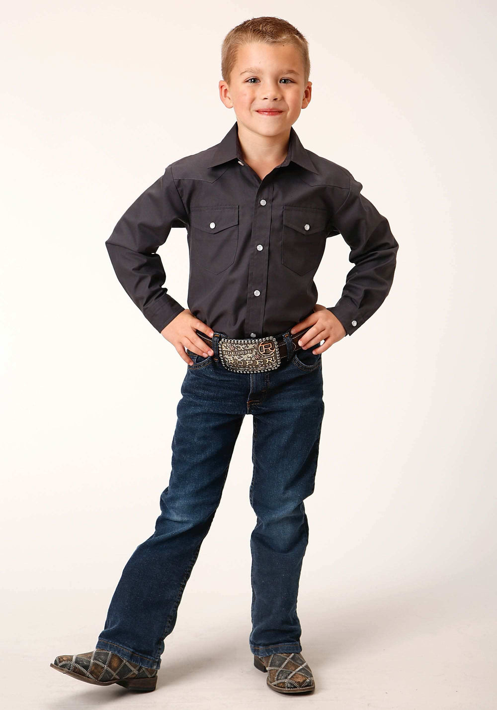 Roper Boys Long Sleeve Snap Solid Broadcloth Charcoal Western Shirt - Roper - Flyclothing LLC