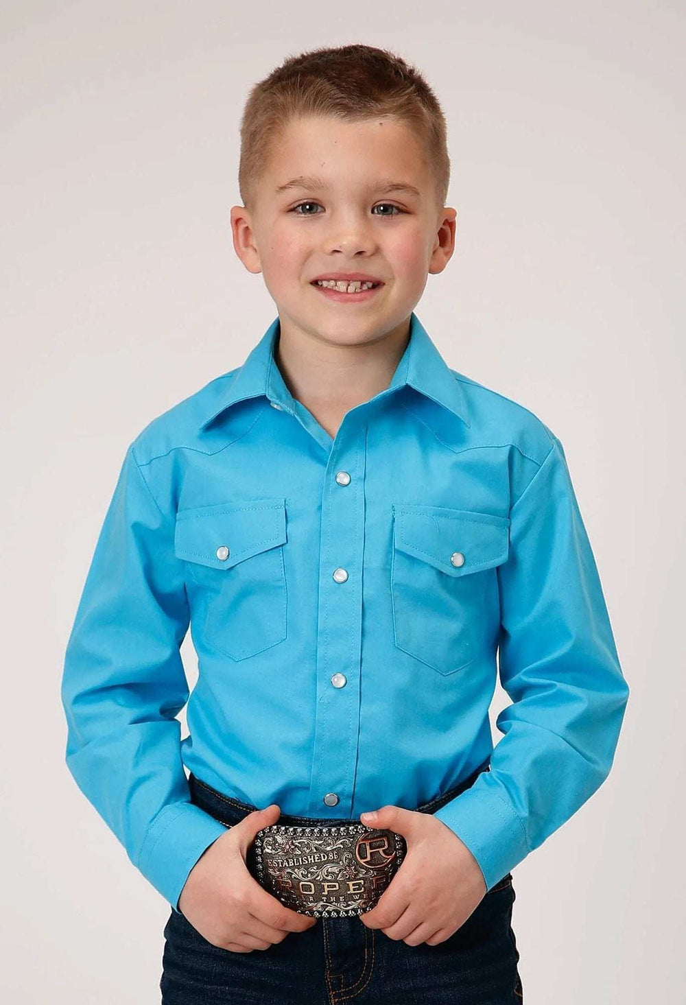 Roper Boys Long Sleeve Snap Solid Broadcloth Turquoise Western Shirt - Roper - Flyclothing LLC