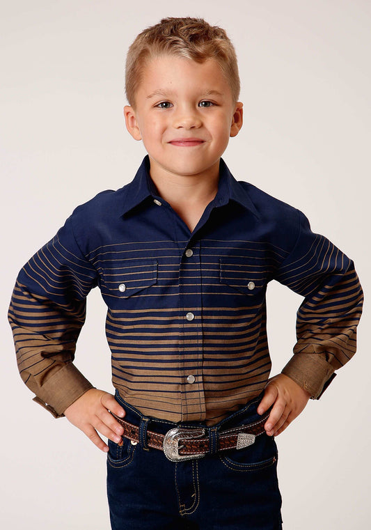 Roper Boys Long Sleeve Snap Navy And Khaki Border Stripe Western Shirt - Roper - Flyclothing LLC