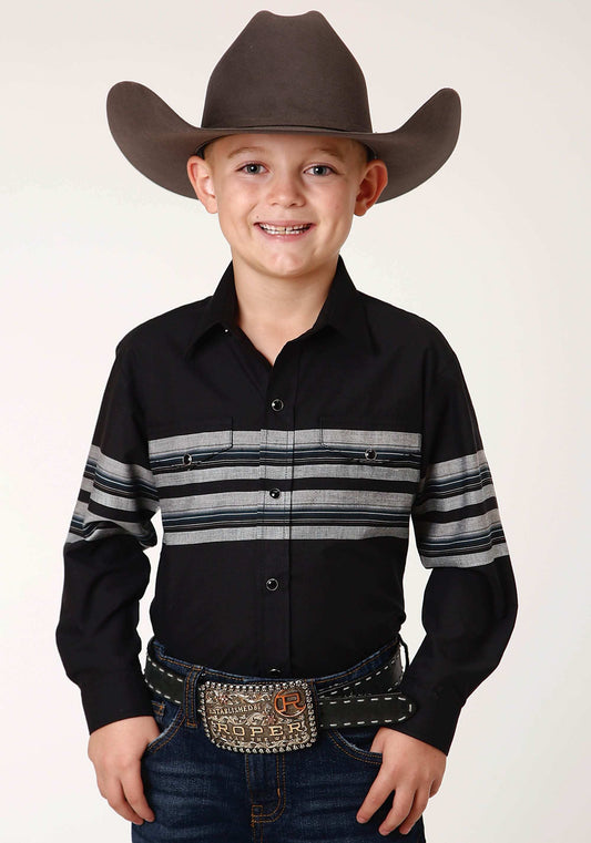 Roper Boys Long Sleeve Snap Black And Grey Border Stripe Western Shirt - Roper - Flyclothing LLC