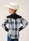 Roper Boys Long Sleeve Snap Peacock Blue Brown Black White Plaid Western Shirt - Roper - Flyclothing LLC