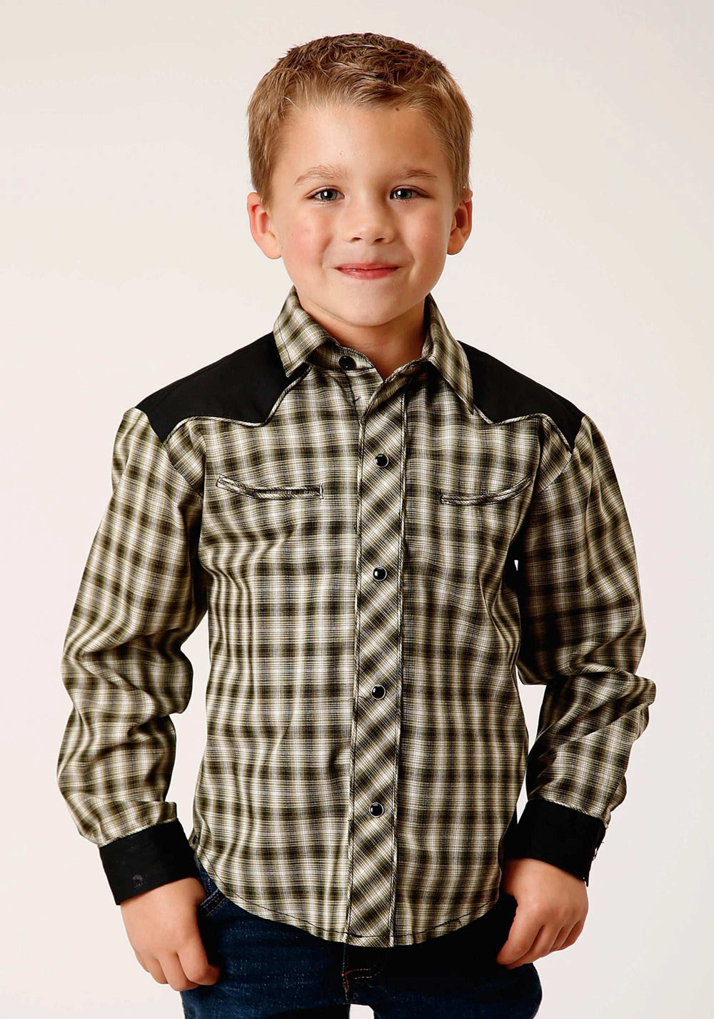 Roper Boys Long Sleeve Snap Olive Black Cream Windowpane Plaid Western Shirt - Roper - Flyclothing LLC