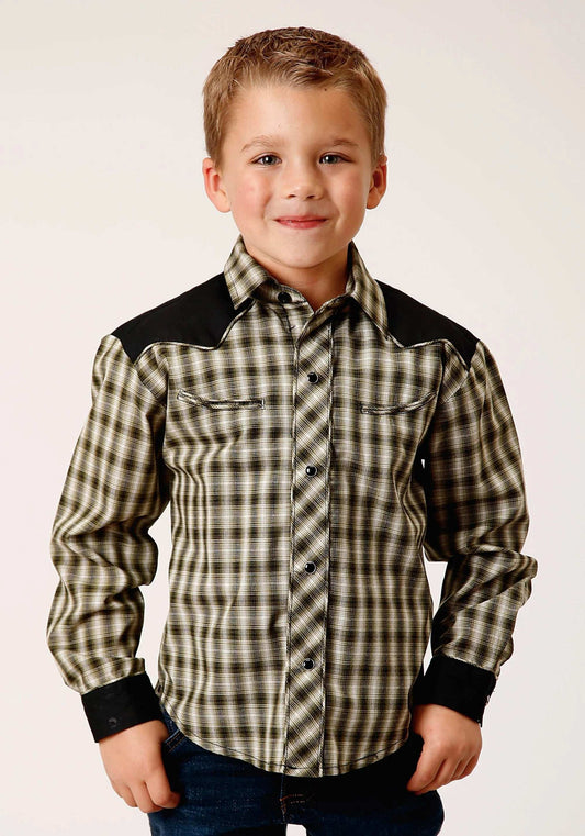 Roper Boys Long Sleeve Snap Olive Black Cream Windowpane Plaid Western Shirt - Roper - Flyclothing LLC