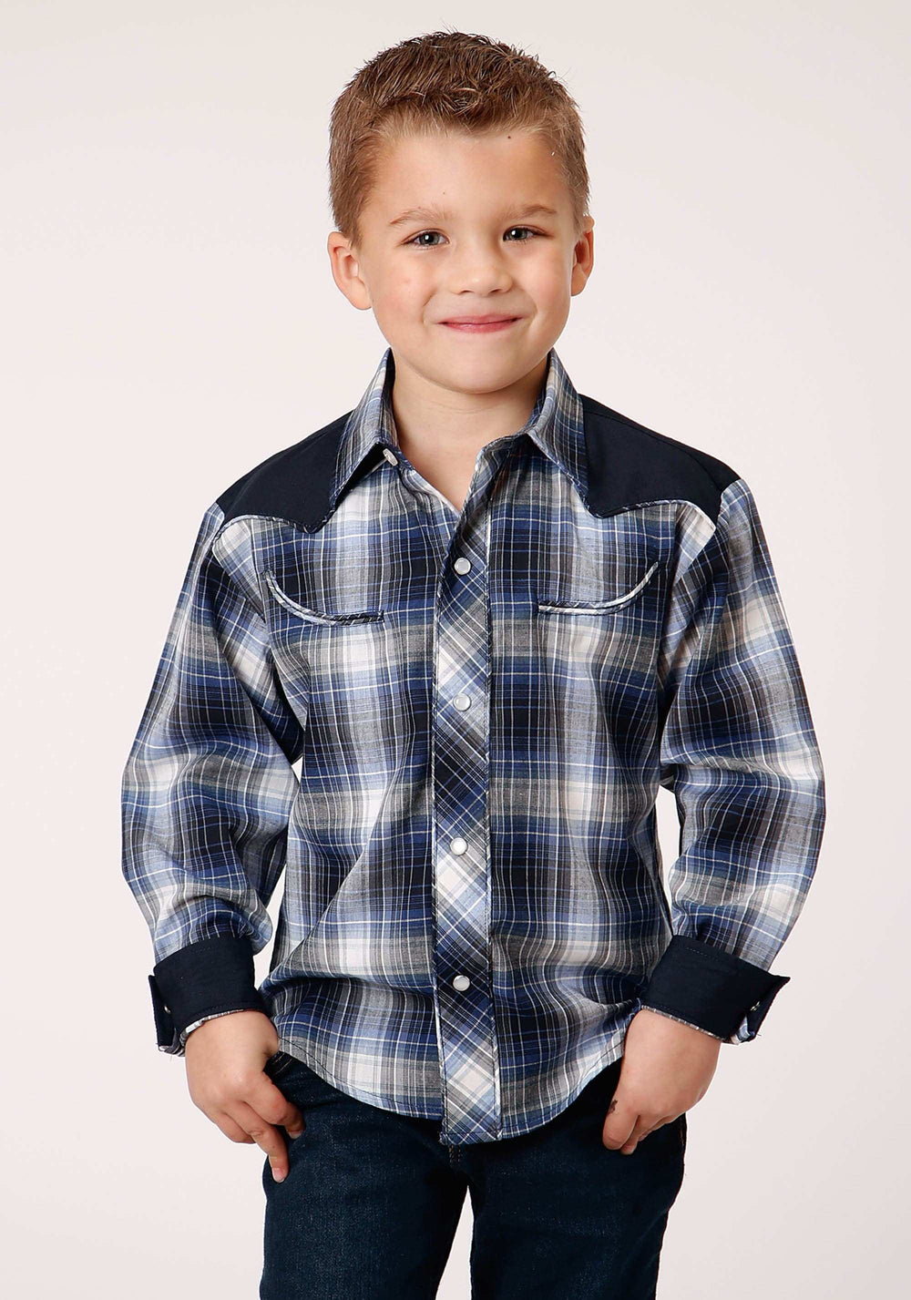 Roper Boys Long Sleeve Snap Navy Royal And White Plaid Western Shirt - Roper - Flyclothing LLC