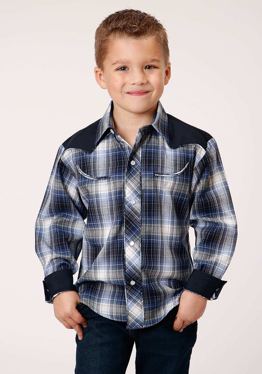 Roper Boys Long Sleeve Snap Navy Royal And White Plaid Western Shirt - Roper - Flyclothing LLC