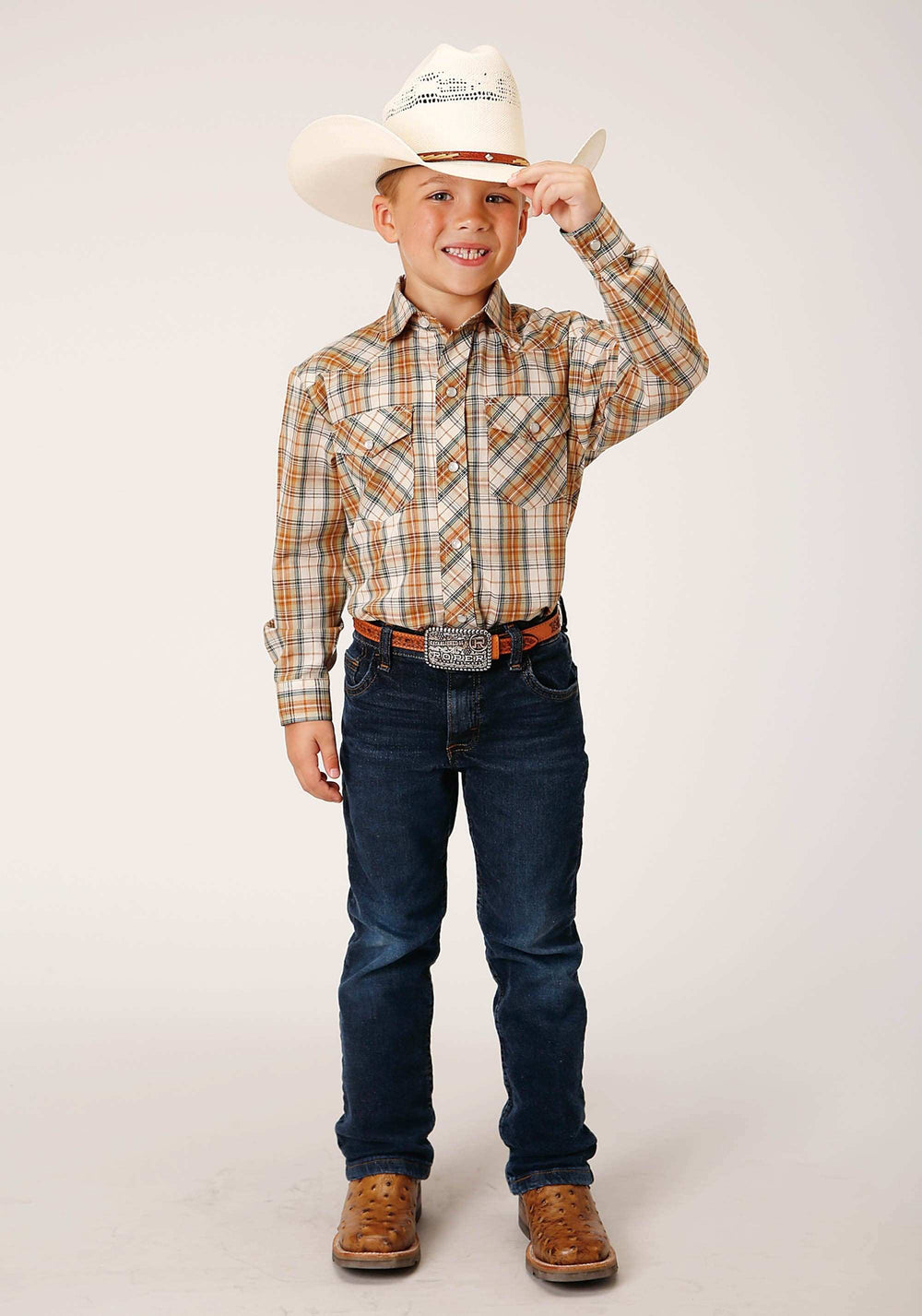 Roper Boys Long Sleeve Snap Khaki Forest Green Cream Plaid Western Shirt - Roper - Flyclothing LLC