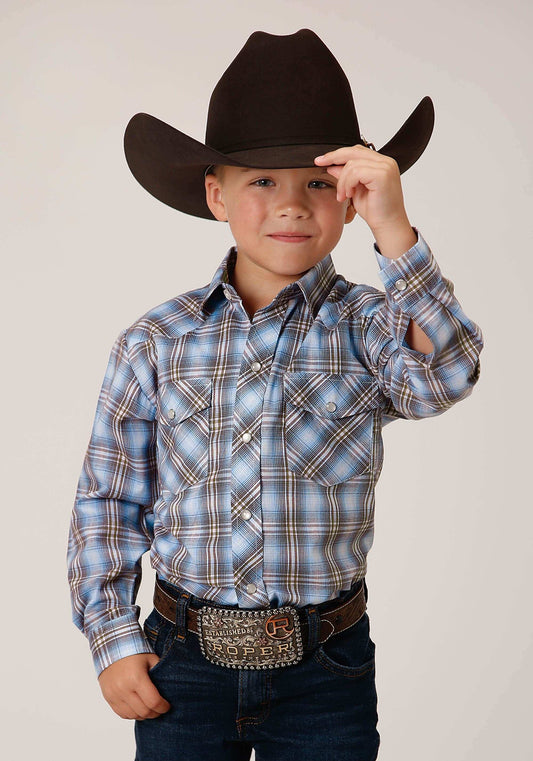 Roper Boys Long Sleeve Snap Light Blue Chocolate White Plaid Western Shirt - Roper - Flyclothing LLC