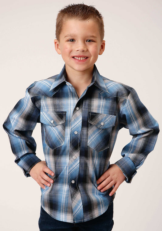 Roper Boys Long Sleeve Snap Light Blue And Navy Plaid Western Shirt - Roper - Flyclothing LLC
