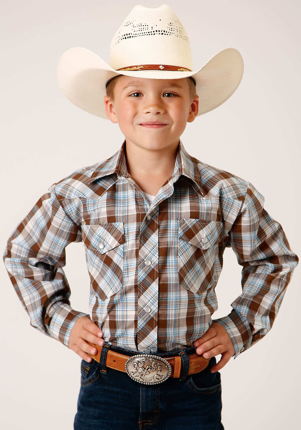 Roper Boys Long Sleeve Snap Brown Blue And White Plaid Western Shirt - Roper - Flyclothing LLC