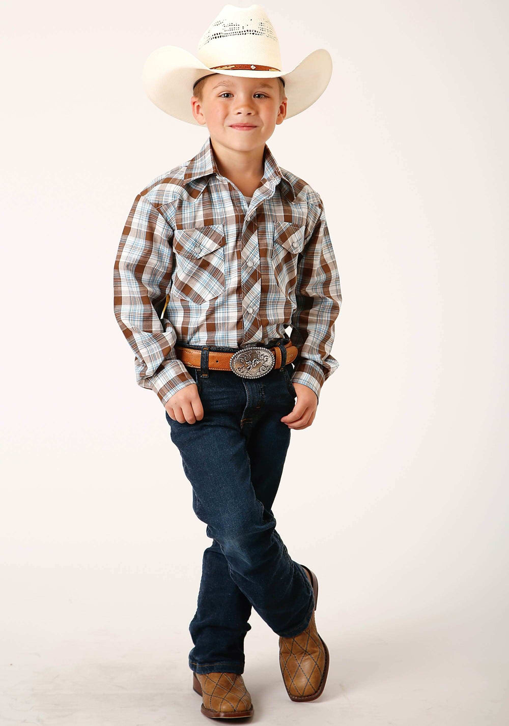 Roper Boys Long Sleeve Snap Brown Blue And White Plaid Western Shirt - Roper - Flyclothing LLC