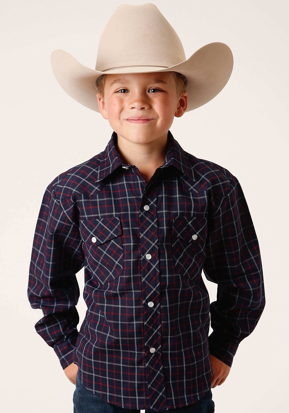Roper Boys Long Sleeve Snap Navy Red White Windowpane Plaid Western Shirt - Roper - Flyclothing LLC