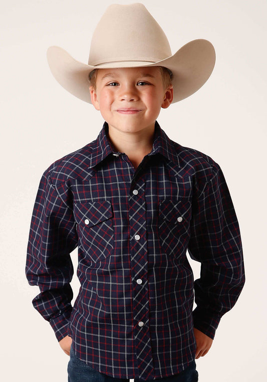 Roper Boys Long Sleeve Snap Navy Red White Windowpane Plaid Western Shirt - Roper - Flyclothing LLC