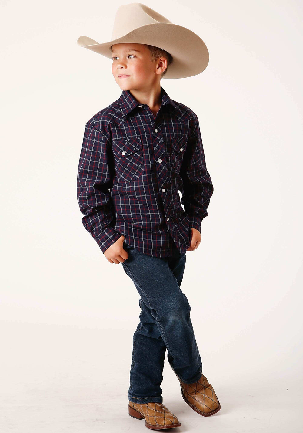 Roper Boys Long Sleeve Snap Navy Red White Windowpane Plaid Western Shirt - Roper - Flyclothing LLC