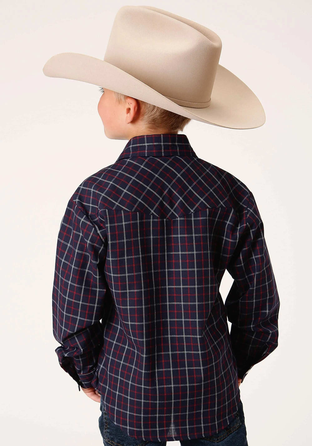 Roper Boys Long Sleeve Snap Navy Red White Windowpane Plaid Western Shirt - Roper - Flyclothing LLC