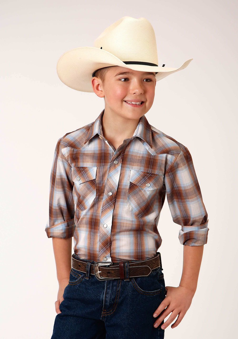 Roper Boys Long Sleeve Snap Butterscotch Light Blue And Cream Plaid Western Shirt - Roper - Flyclothing LLC