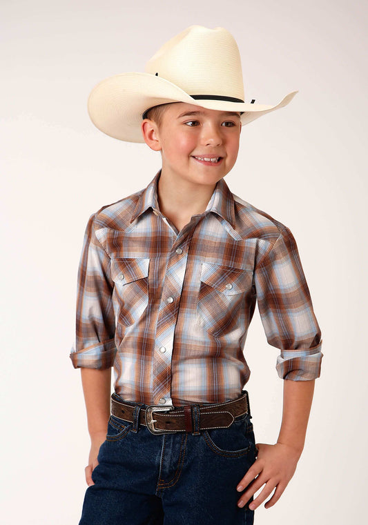Roper Boys Long Sleeve Snap Butterscotch Light Blue And Cream Plaid Western Shirt - Roper - Flyclothing LLC