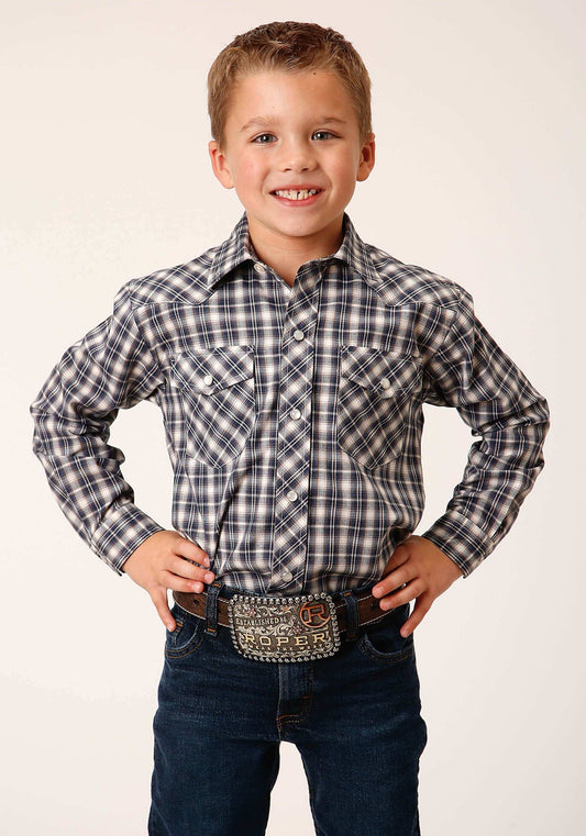 Roper Boys Long Sleeve Snap Navy Cream Tan Small Scale Plaid Western Shirt - Roper - Flyclothing LLC
