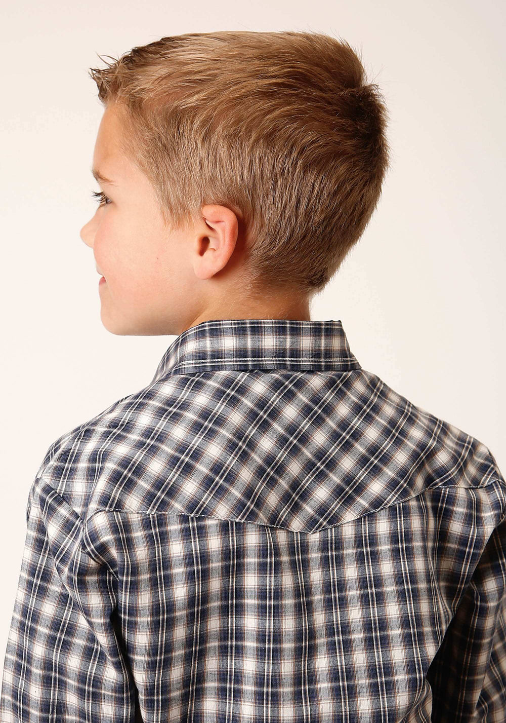 Roper Boys Long Sleeve Snap Navy Cream Tan Small Scale Plaid Western Shirt - Roper - Flyclothing LLC