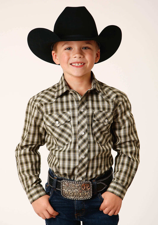 Roper Boys Long Sleeve Snap Olive Black Cream Plaid Western Shirt - Roper - Flyclothing LLC