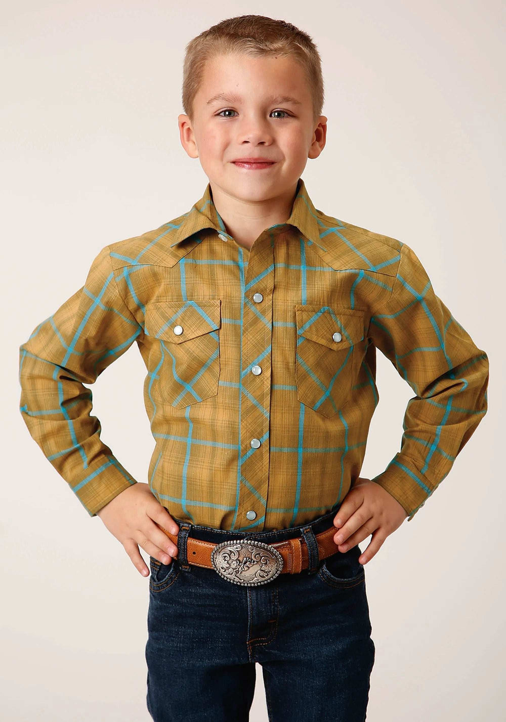 Roper Boys Long Sleeve Snap Butterscotch Turquoise Plaid Western Shirt - Roper - Flyclothing LLC