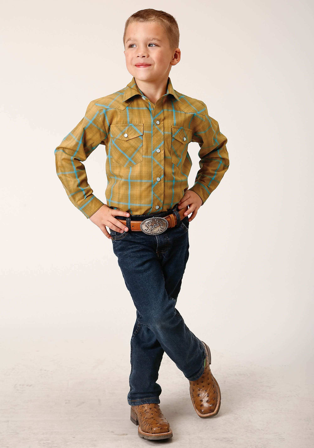 Roper Boys Long Sleeve Snap Butterscotch Turquoise Plaid Western Shirt - Roper - Flyclothing LLC