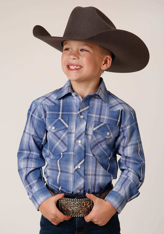 Roper Boys Long Sleeve Snap Blue White Navy Plaid Western Shirt - Roper - Flyclothing LLC
