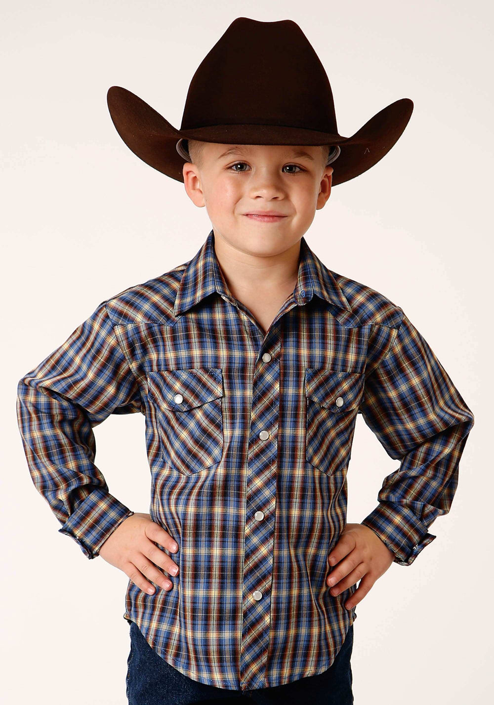 Roper Boys Long Sleeve Snap Royal Brown And Yellow Plaid Western Shirt - Roper - Flyclothing LLC