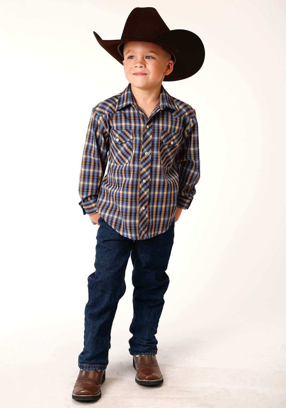 Roper Boys Long Sleeve Snap Royal Brown And Yellow Plaid Western Shirt - Roper - Flyclothing LLC