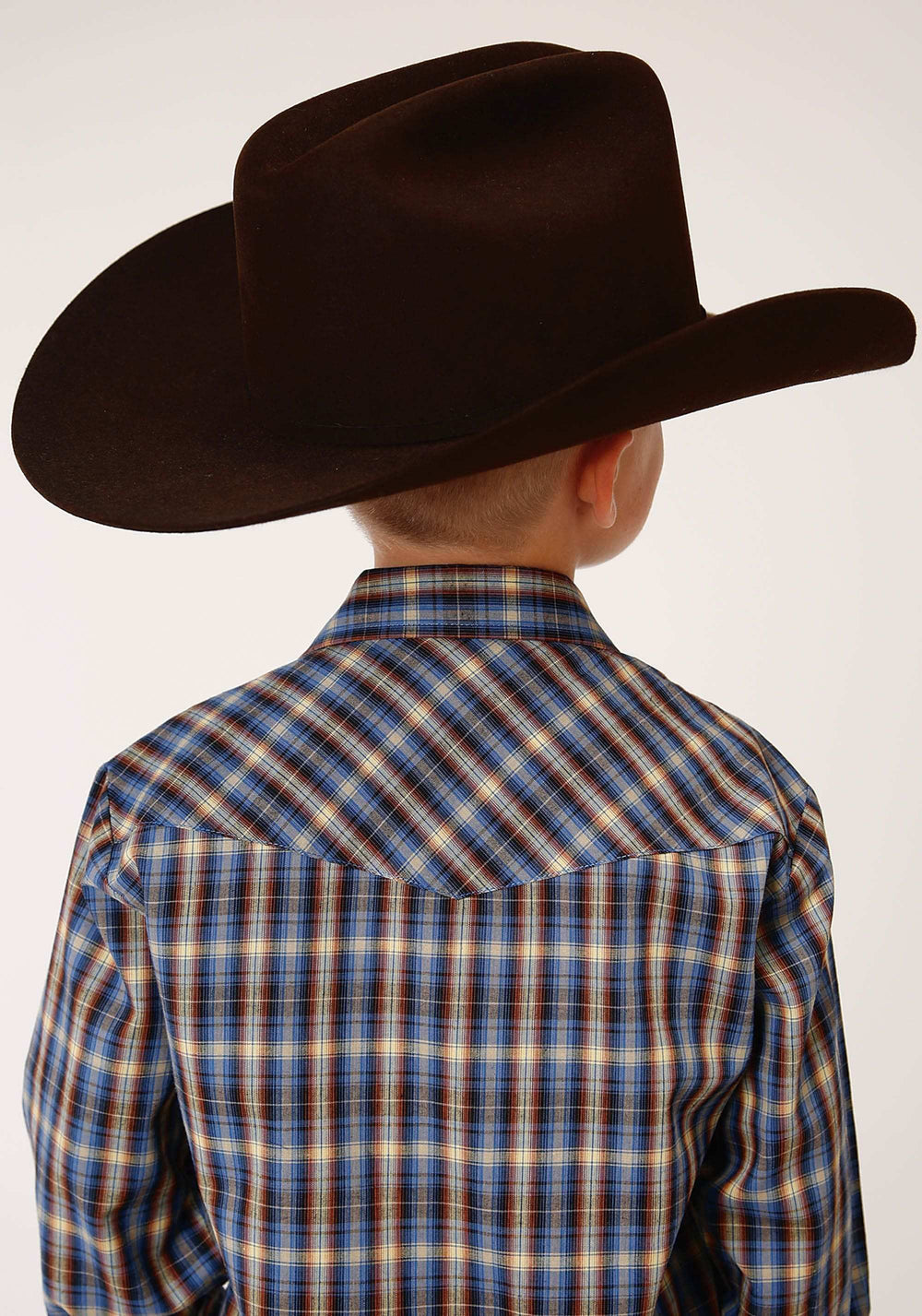 Roper Boys Long Sleeve Snap Royal Brown And Yellow Plaid Western Shirt - Roper - Flyclothing LLC
