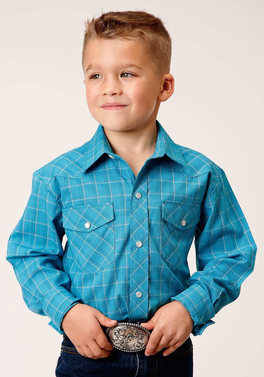 Roper Boys Long Sleeve Snap Turquoise Black And Orange Windowpane Plaid Western Shirt - Roper - Flyclothing LLC