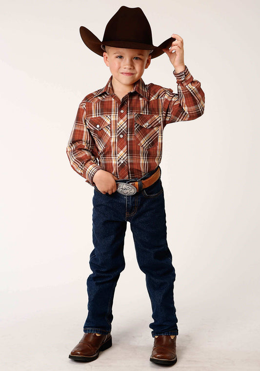 Roper Boys Long Sleeve Snap Rust Brown And Cream Plaid Western Shirt - Roper - Flyclothing LLC