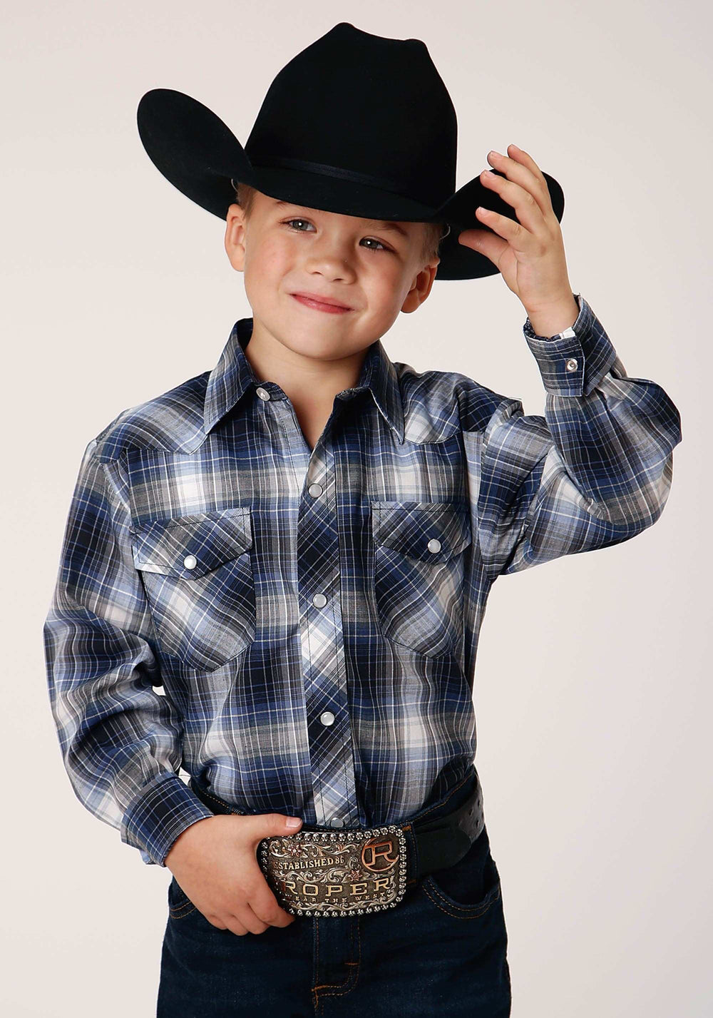 Roper Boys Long Sleeve Snap Navy Royal And White Plaid Western Shirt - Roper - Flyclothing LLC