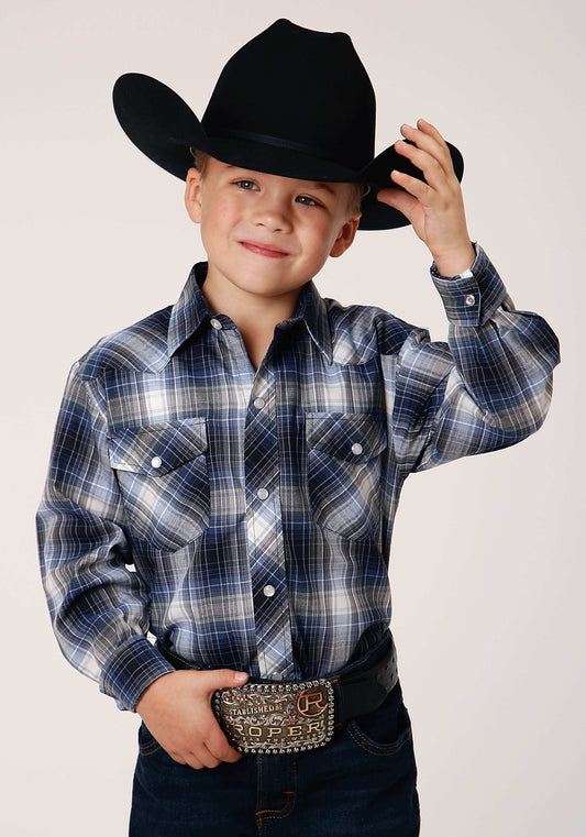 Roper Boys Long Sleeve Snap Navy Royal And White Plaid Western Shirt - Roper - Flyclothing LLC