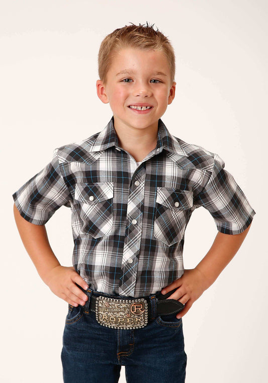 Roper Boys Short Sleeve Snap White Black Grey Plaid Western Shirt - Roper - Flyclothing LLC