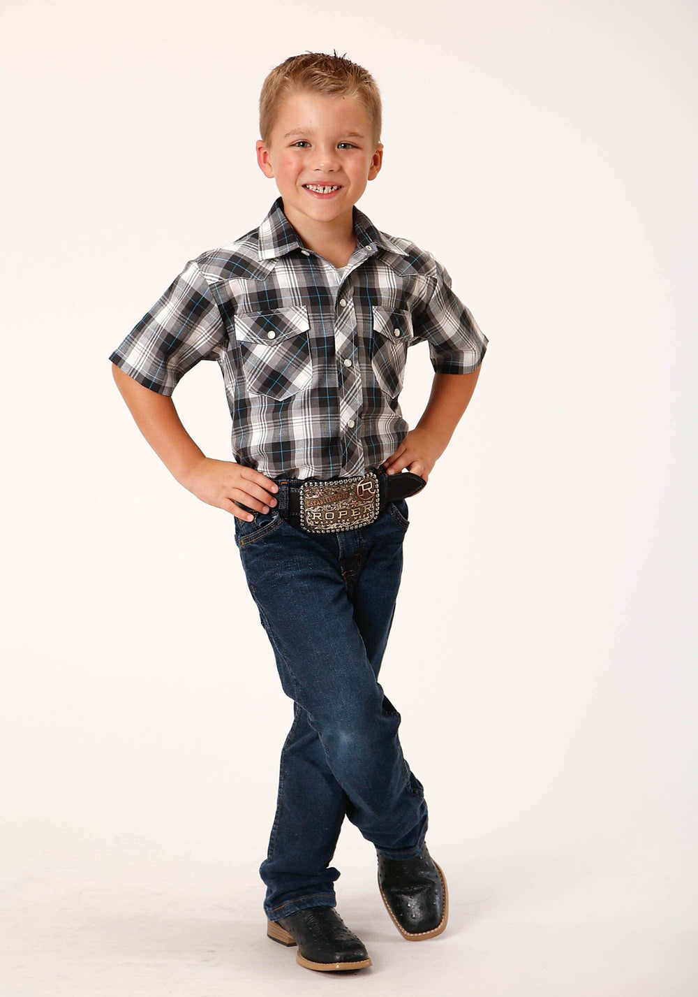 Roper Boys Short Sleeve Snap White Black Grey Plaid Western Shirt - Roper - Flyclothing LLC