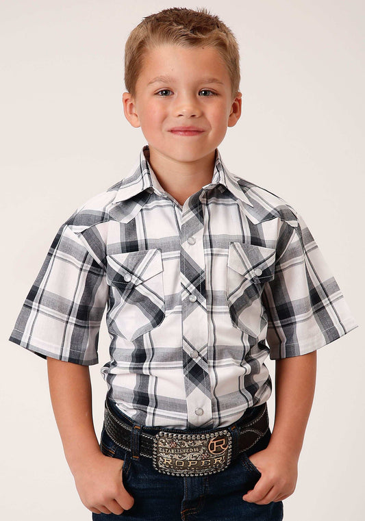 Roper Boys Short Sleeve Snap White Black Grey Plaid Western Shirt - Roper - Flyclothing LLC