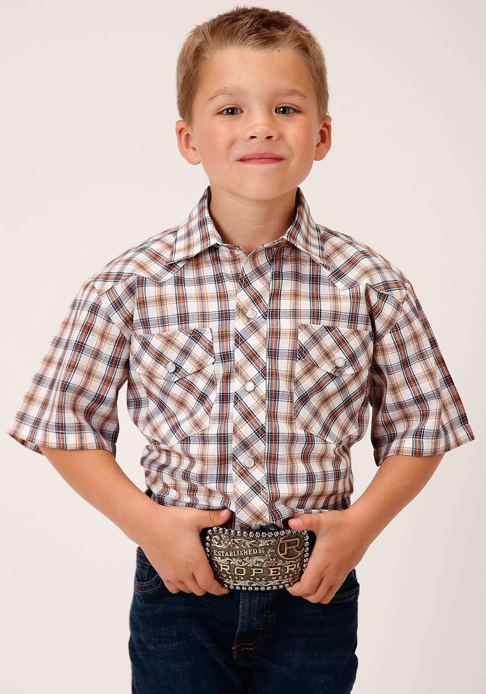 Roper Boys Short Sleeve Snap Navy Gold Rust Windowpaind Plaid Western Shirt - Roper - Flyclothing LLC