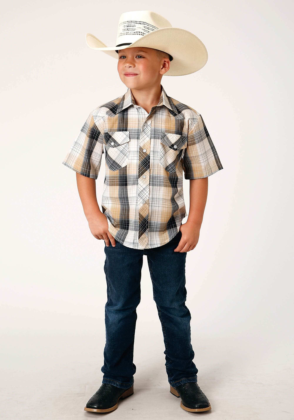 Roper Boys Short Sleeve Snap Black Khaki White Plaid Western Shirt - Roper - Flyclothing LLC