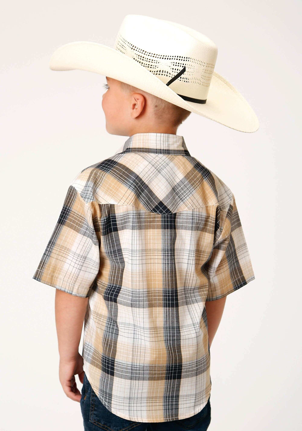 Roper Boys Short Sleeve Snap Black Khaki White Plaid Western Shirt - Roper - Flyclothing LLC