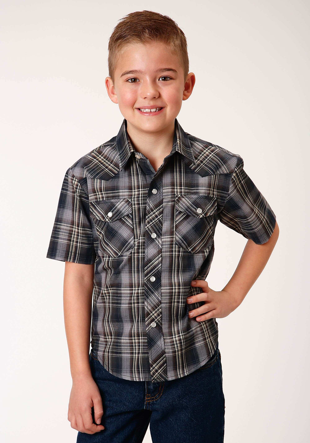 Roper Boys Short Sleeve Snap Navy Brown And Cream Plaid Western Shirt - Roper - Flyclothing LLC