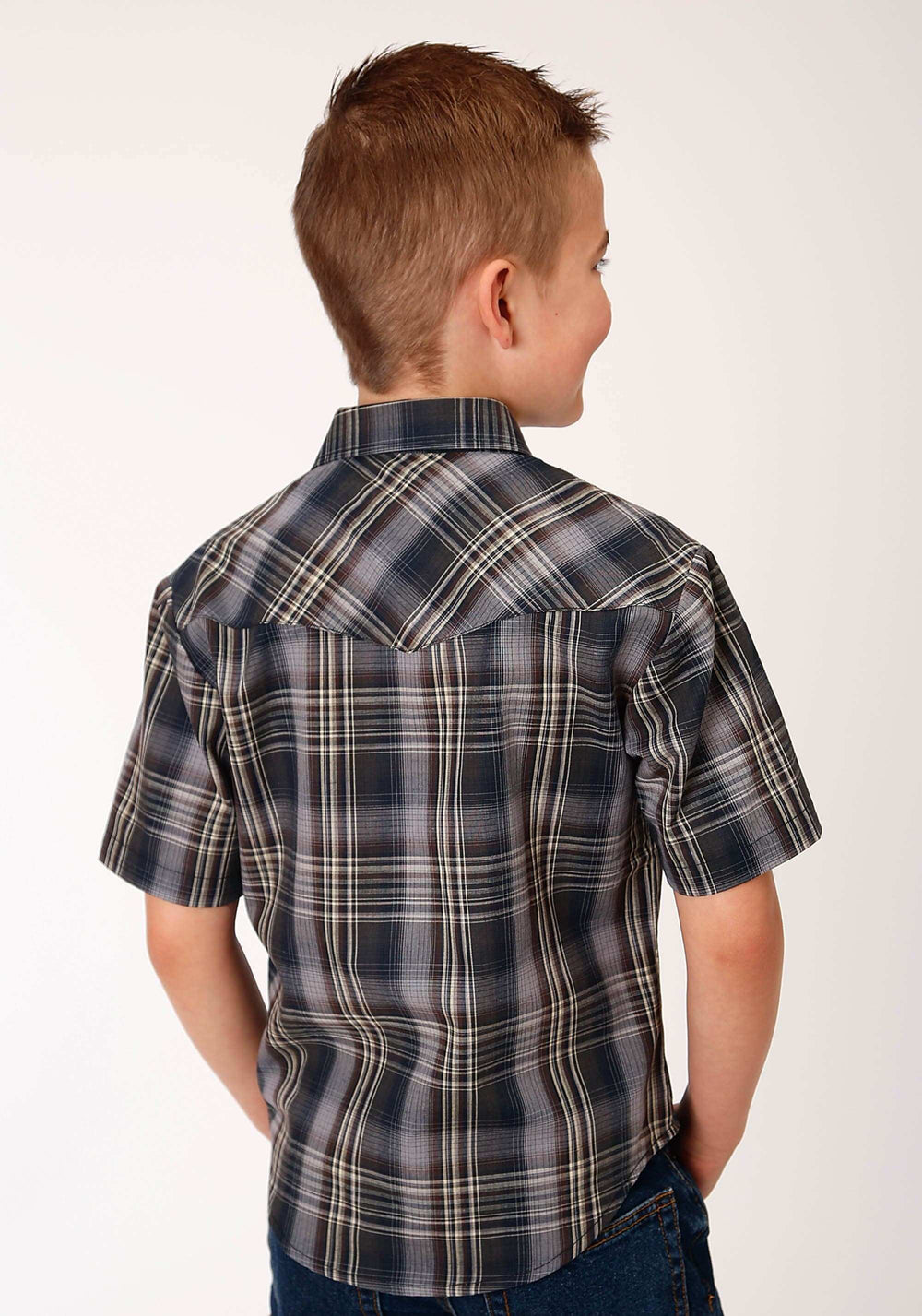 Roper Boys Short Sleeve Snap Navy Brown And Cream Plaid Western Shirt - Roper - Flyclothing LLC