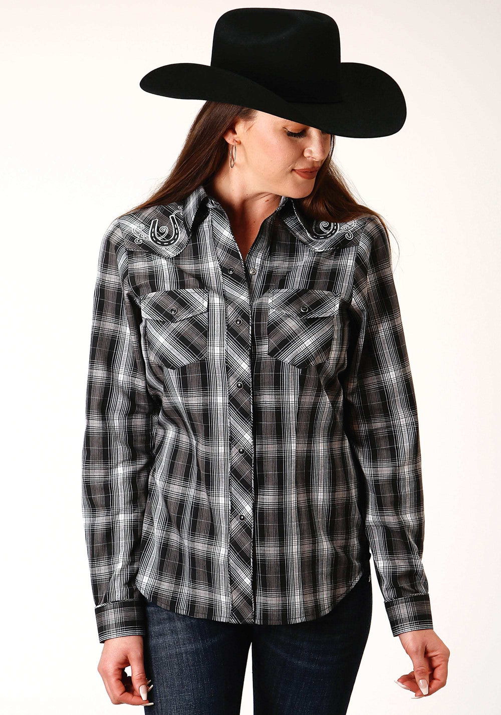 Roper Womens Long Sleeve Snap Black And White Plaid Western Shirt - Roper - Flyclothing LLC