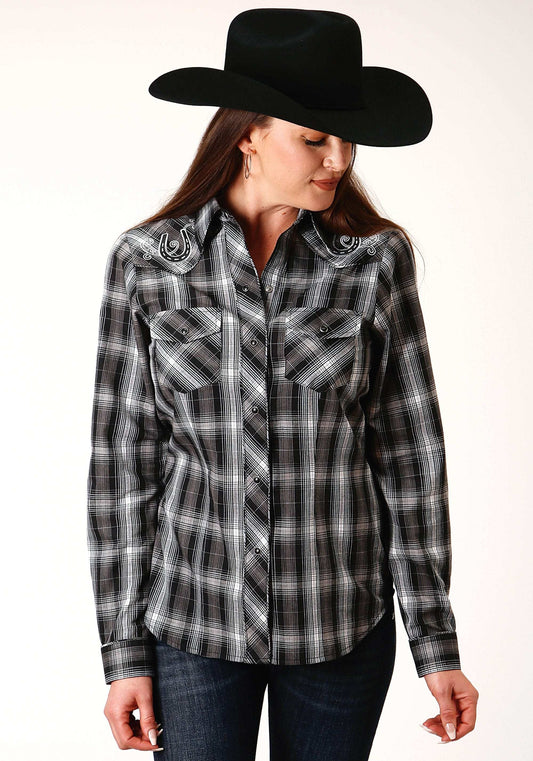 Roper Womens Long Sleeve Snap Black And White Plaid Western Shirt - Roper - Flyclothing LLC