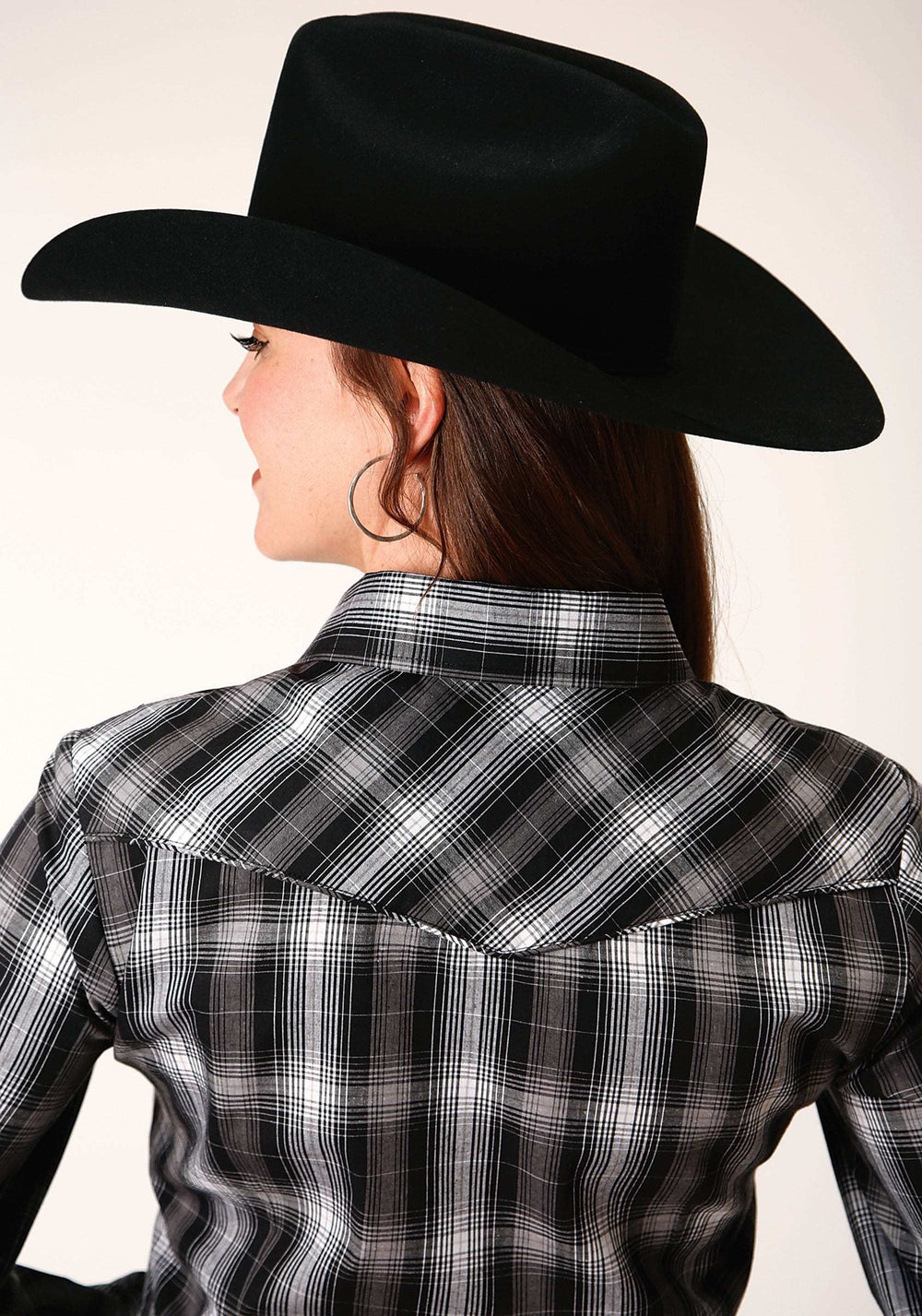 Roper Womens Long Sleeve Snap Black And White Plaid Western Shirt - Roper - Flyclothing LLC