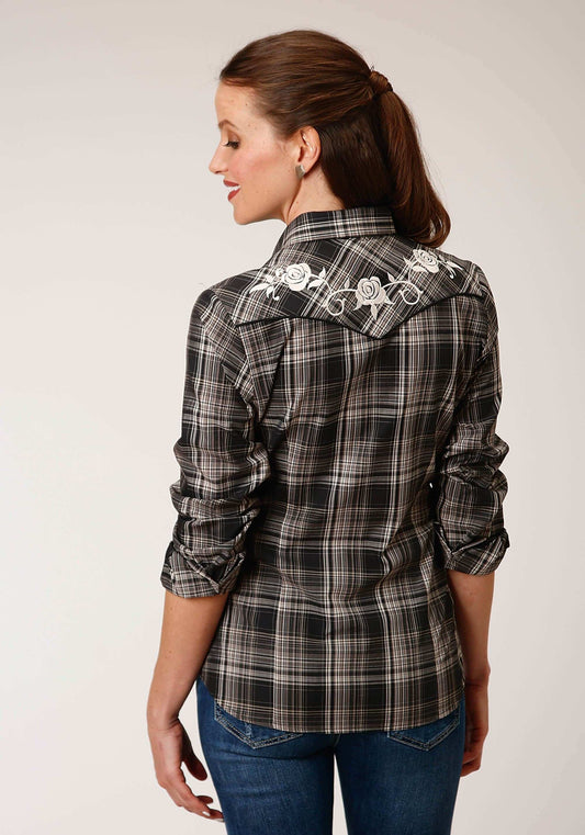 Roper Womens Long Sleeve Snap Black And Cream Plaid Western Shirt - Roper - Flyclothing LLC