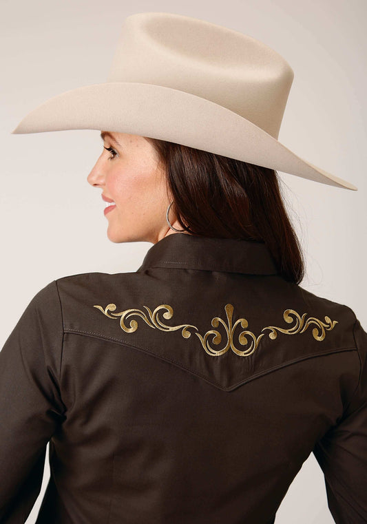 Roper Womens Long Sleeve Snap Solid Broadcloth Deep Choc Brown Western Shirt - Roper - Flyclothing LLC