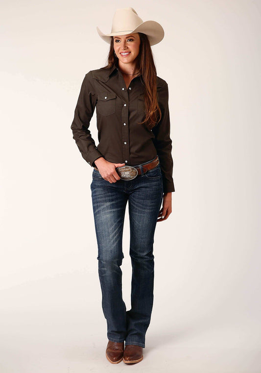 Roper Womens Long Sleeve Snap Solid Broadcloth Deep Choc Brown Western Shirt - Roper - Flyclothing LLC