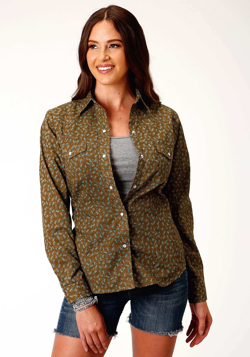 Roper Womens Long Sleeve Snap Brown Turquoise And Cream Mini Floral Print Western Shirt - Roper - Flyclothing LLC