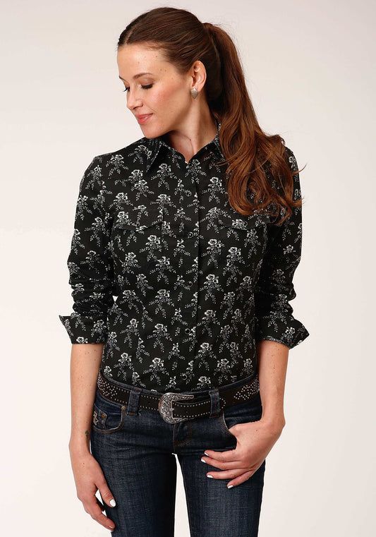 Roper Womens Long Sleeve Snap Black And Cream Floral Print Western Shirt - Roper - Flyclothing LLC